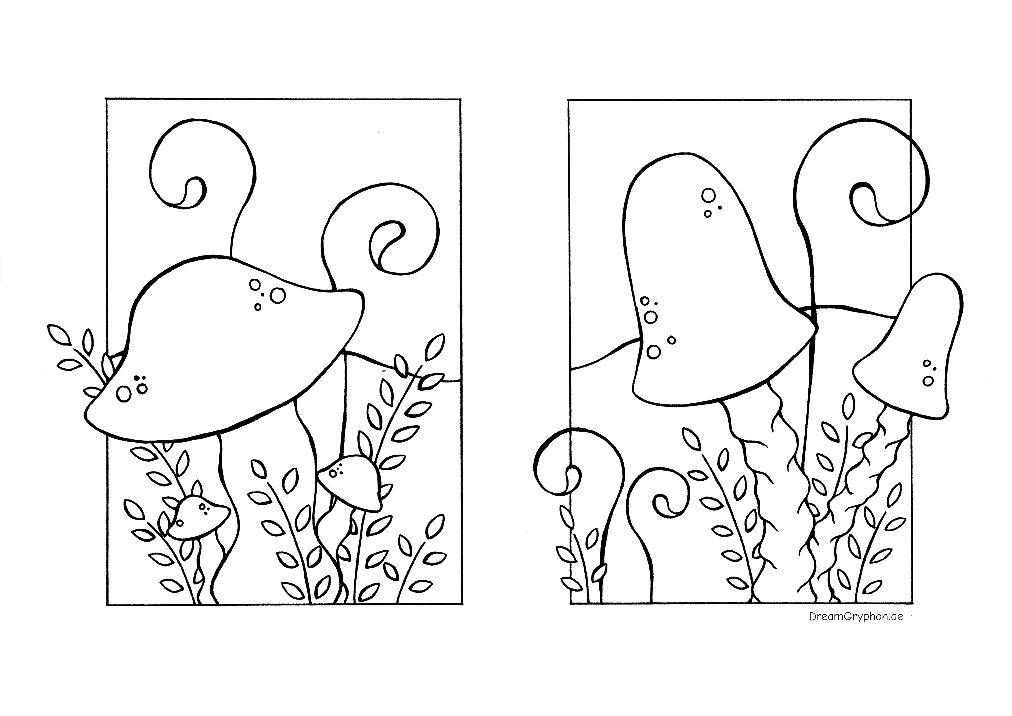 Coloring Page: Mushrooms and leaves.